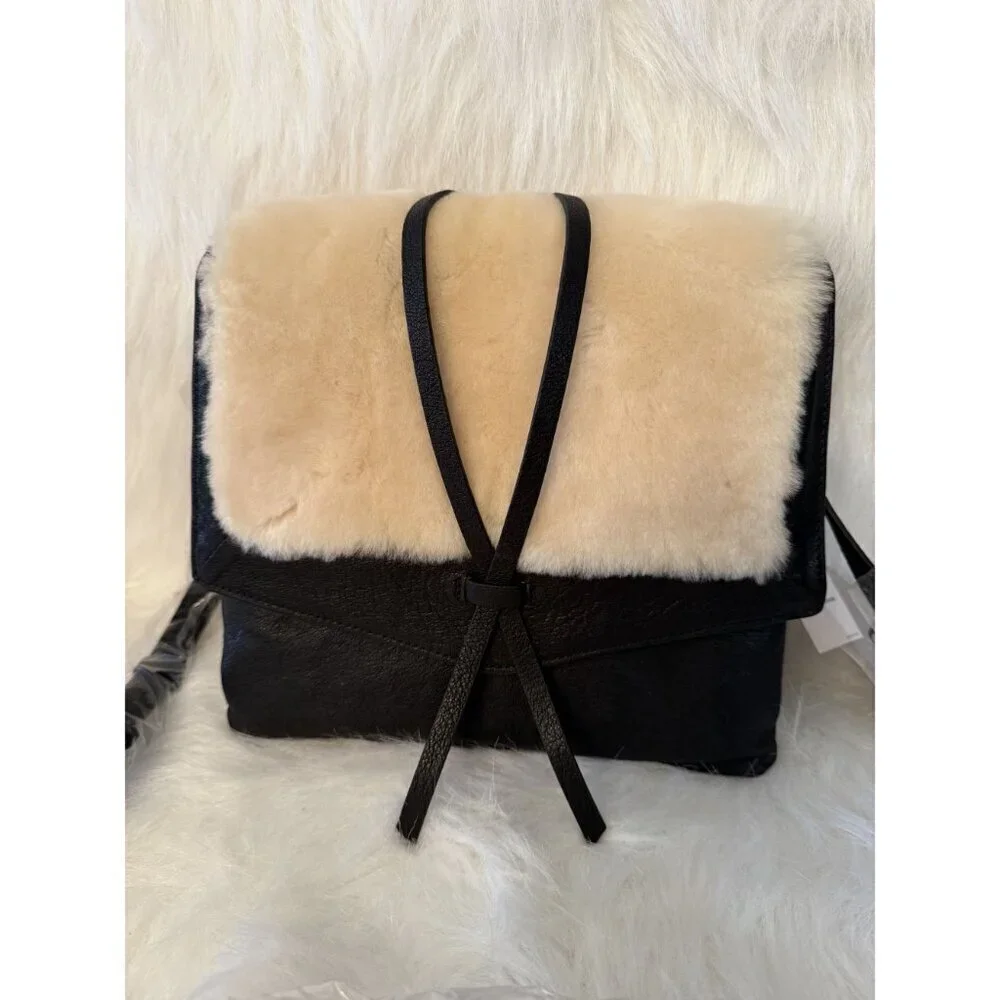 Kooba Yukon Medium Leather & Shearling Crossbody Black Ivory